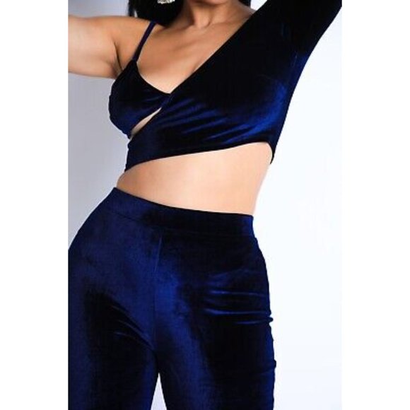 Tops - Women's Velvet Cutout One Shoulder Asymmetric Top and Flare Pants Set